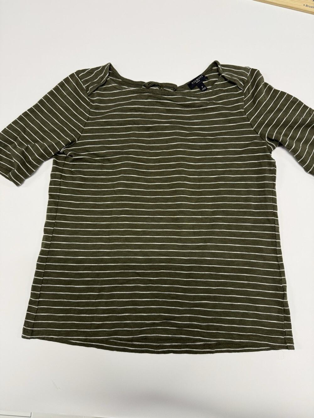 Talbots Top Womens PS Green White Stripe Cotton Modal Knit Short Sleeve Tie Back